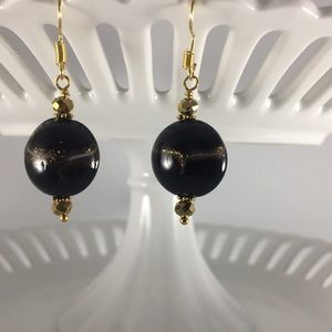 Handmade Earrings Unique Design  Black Gold Round Coin Glass Metalic Sparkles